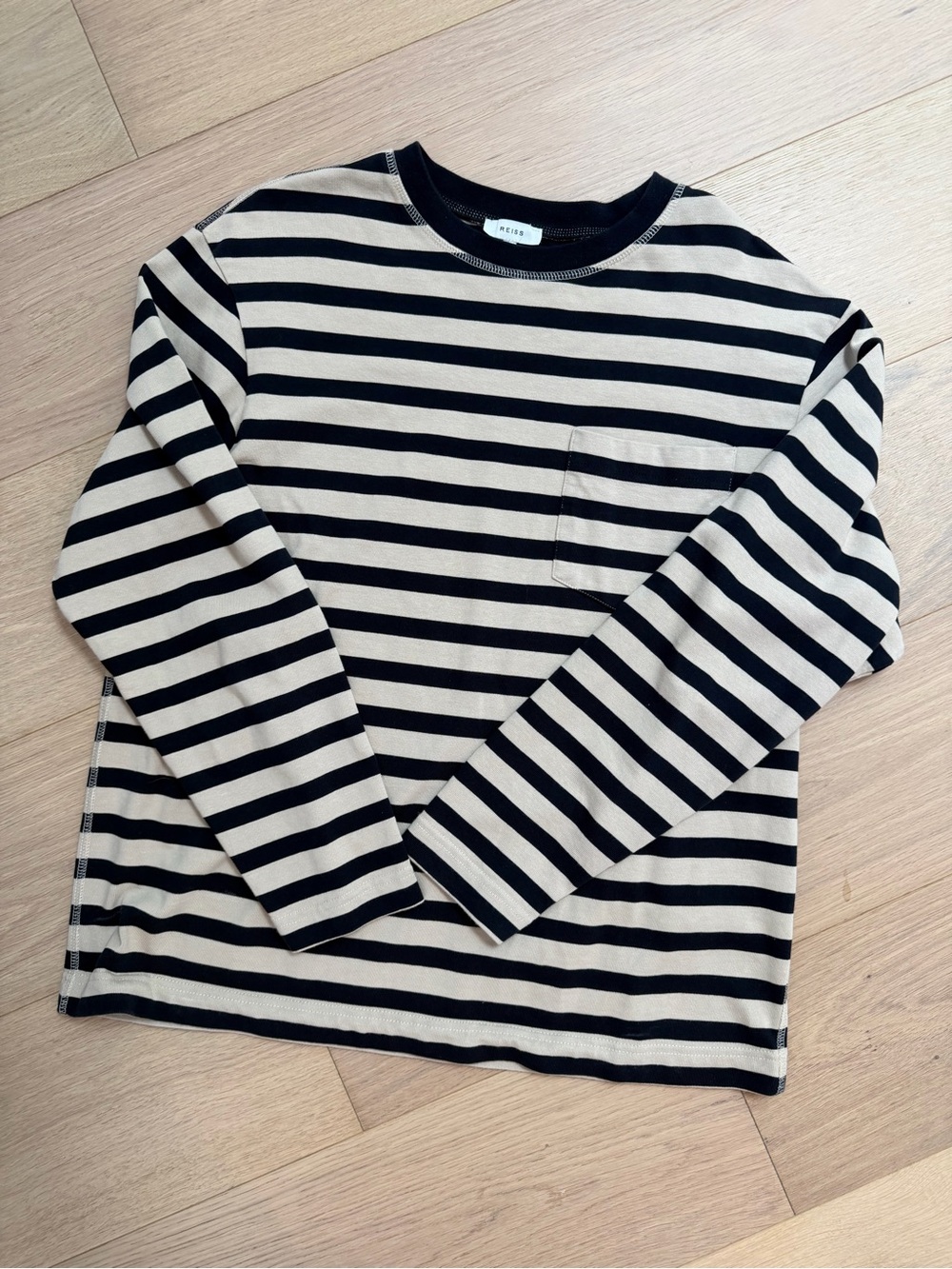 Reiss Men’s Black & Cream Striped Long-Sleeve Pocket Tee Winter Weight Size M